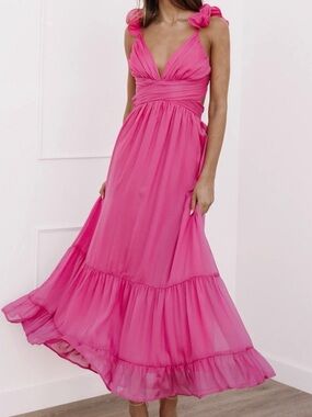 Feminine Pink Ruffle Maxi Dress - Sleeveless V-Neck